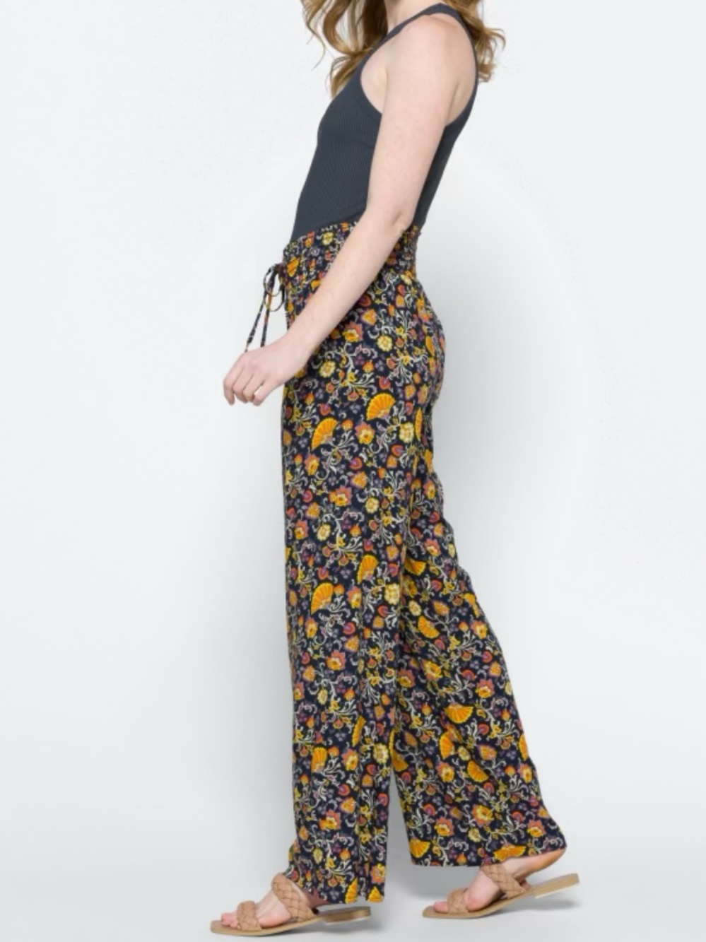 Boom Boom Jeans Navy Floral Wide-Leg Drawstring Pants with Mustard Accents